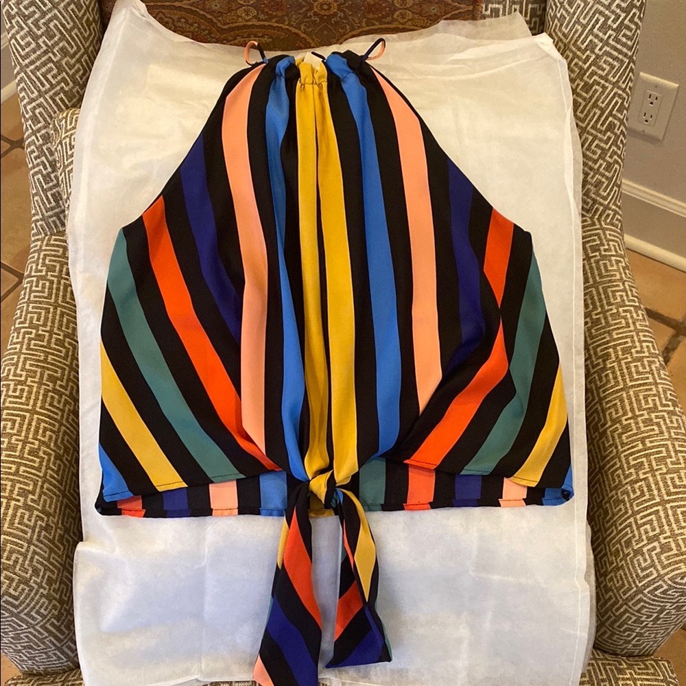 Colorful Striped Halter Top with Tie Front